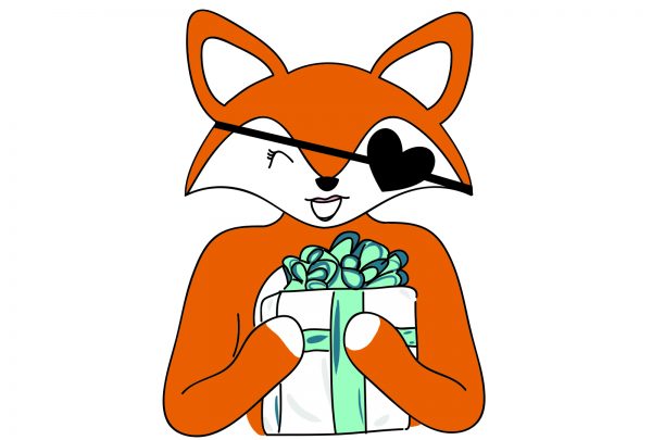 Logo renard tenant un cadeau dans les mains.